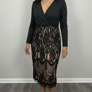 SHEIN Black Lace-Overlay Faux-Wrap Midi Dress New Whithout Label